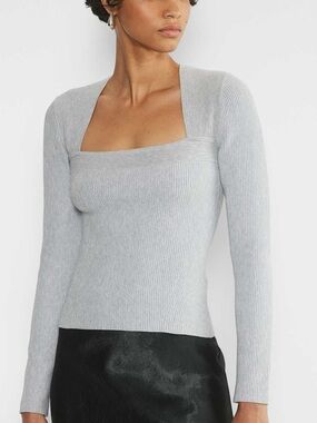 Aritzia Babaton Light Gray Grid Ribbed Square-Neck Sweater Top